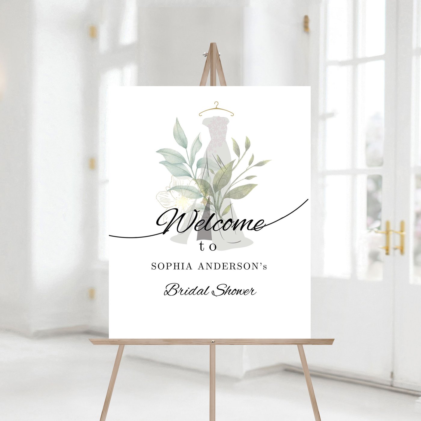 Bridal Shower Welcome Sign ,Watercolor Greenery, Dress, Bridal Brunch Sign, Editable Welcome Sign, Instant Download, Bot