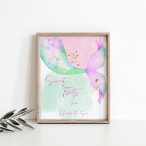 Editable Mermaid Birthday Party Table sign, party sign, Girl Pink Aqua Purple Gold Under The Sea Party sign Sweet Treat