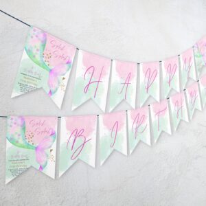 Editable Mermaid Birthday Banner Girl Pink Aqua Purple Gold Mermaid Birthday Under The Sea Party banner Decoration templ