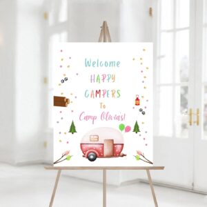 Editable Happy Camper Birthday Party Simple Welcome Sign Girl Pink Camping Party Pink Camper Glamping Party Decor Sign T