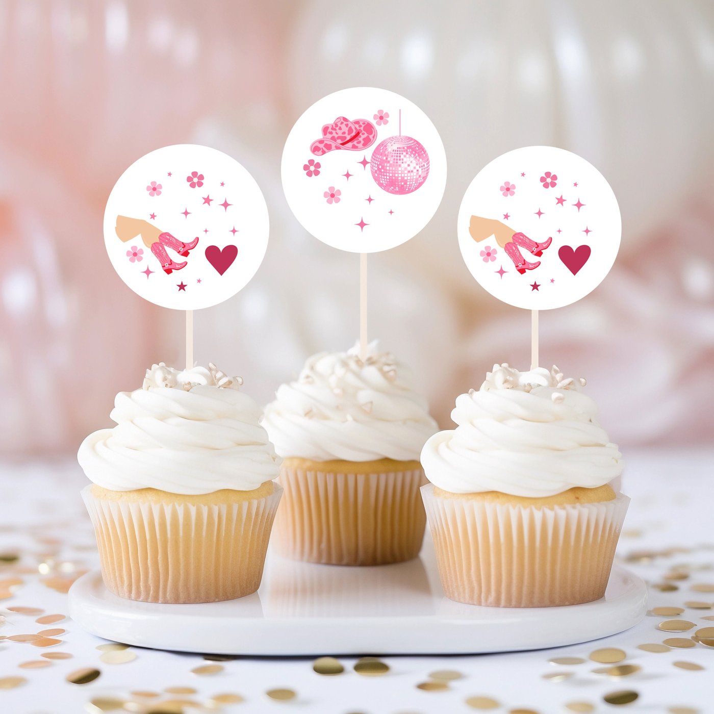 Editable Pink Cowgirl Birthday Party Cake Topper Pink disco Cowgirl Party, Rodeo Birthday Party Cupcake Topper 1145