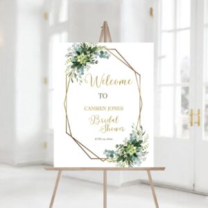Bridal Shower Welcome Sign, Greenery Geometric Gold, Boho Floral Bridal Shower Custom welcome Sign, Gold, Instant Downlo