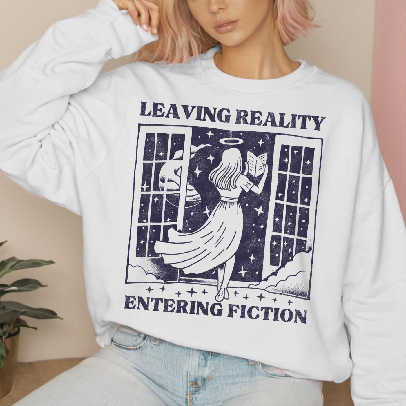 Leaving reality entering fiction, SVG PNG File, Trendy Vintage Bookish Retro Art Design for Graphic Tees, Tote Bags, Sti