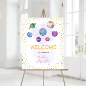 Editable Two The Moon Space Birthday Party Welcome Sign, Pink Gold Girl Galaxy Planets Outer Space Birthday Party Decor