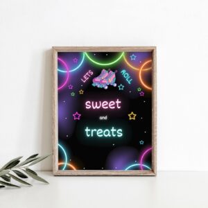Editable Skate Party Birthday Table sign Roller Skating, girl, boy, Retro Neon Lights, Sweet and Treats sign, Birthday s