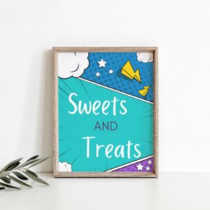 Editable Comic Birthday Party Table sign Printable Comic Book Hero, Sweet and Treats sign, Birthday sign 1246
