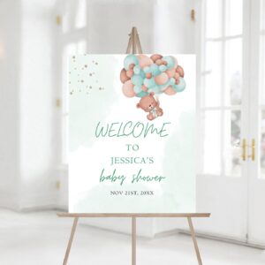 Editable Teddy Bear Baby Shower Welcome Sign, Green balloon baby shower Welcome Sign, Printable Baby Shower Sign 1240