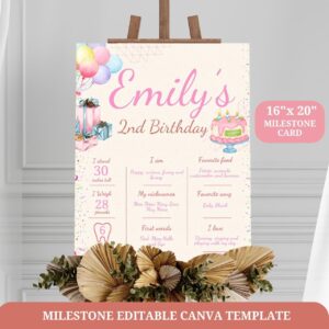 Editable Pink Birthday Party Milestone sign, Editable 2nd Birthday Template, Balloons & Cake Watercolor, Girl birthday W