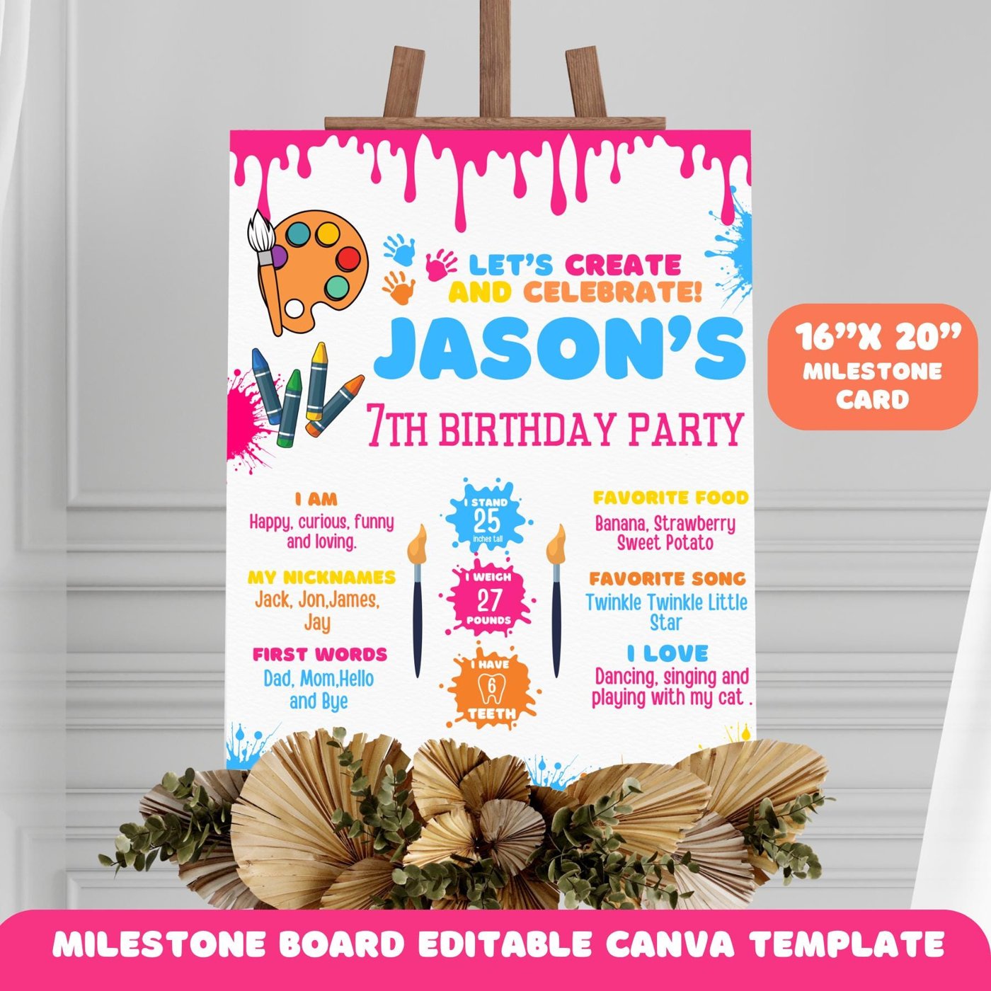 Editable Art Birthday Party Milestone sign Template, Paint and Party Theme, Pastel Rainbow Watercolor, Artist Watercolor