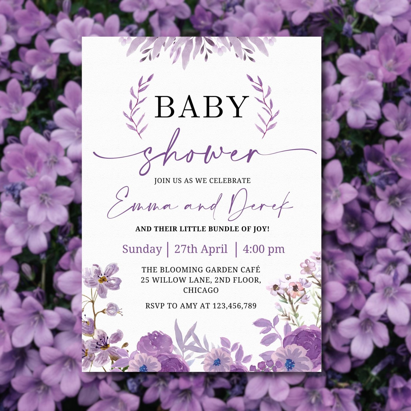 Purple Wisteria Baby in Bloom Template, Editable Baby Shower Design, Printable Elegant Floral Brunch, Boho Lavender Flow