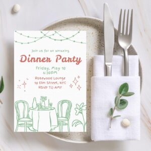 Editable Dinner Party Template, Whimsical Wine and Dine Design, Birthday Dinner for Woman, Instant Download, Printable P