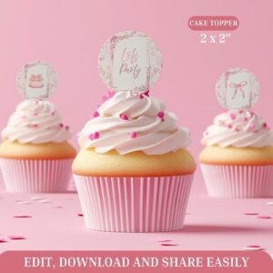 Editable Vintage Pink Bow Birthday Cake topper – Floral Toile Design for Girls – Coquette Style Cake Party Canva Templat