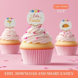 Editable Fiesta Birthday Cake Topper– Bright Mexican-Inspired Design with Cactus, Hot Pink & Orange Florals – Perfect fo