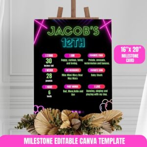 Neon Lights Birthday Milestone sign Template, Let’s Party Glow Theme, Editable Canva Design, Neon Celebration for Any Ag