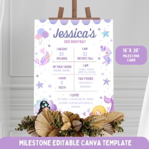 Mermaid Birthday Milestone sign Template, Gold Under the Sea Theme, Editable Canva Design, Printable Birthday Download S