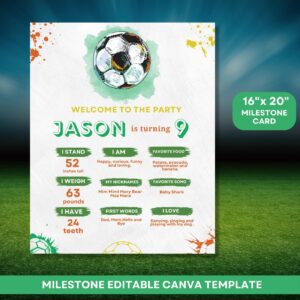 Editable Soccer Birthday Milestone Template, Digital Football Party Design, Canva File for Kids, Let’s Kick Up Some Fun