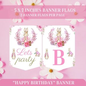 Editable Bunny Birthday Banner – Pink Floral Design, Pink theme girl birthday, Spring Rabbit Party for Girls, S0017