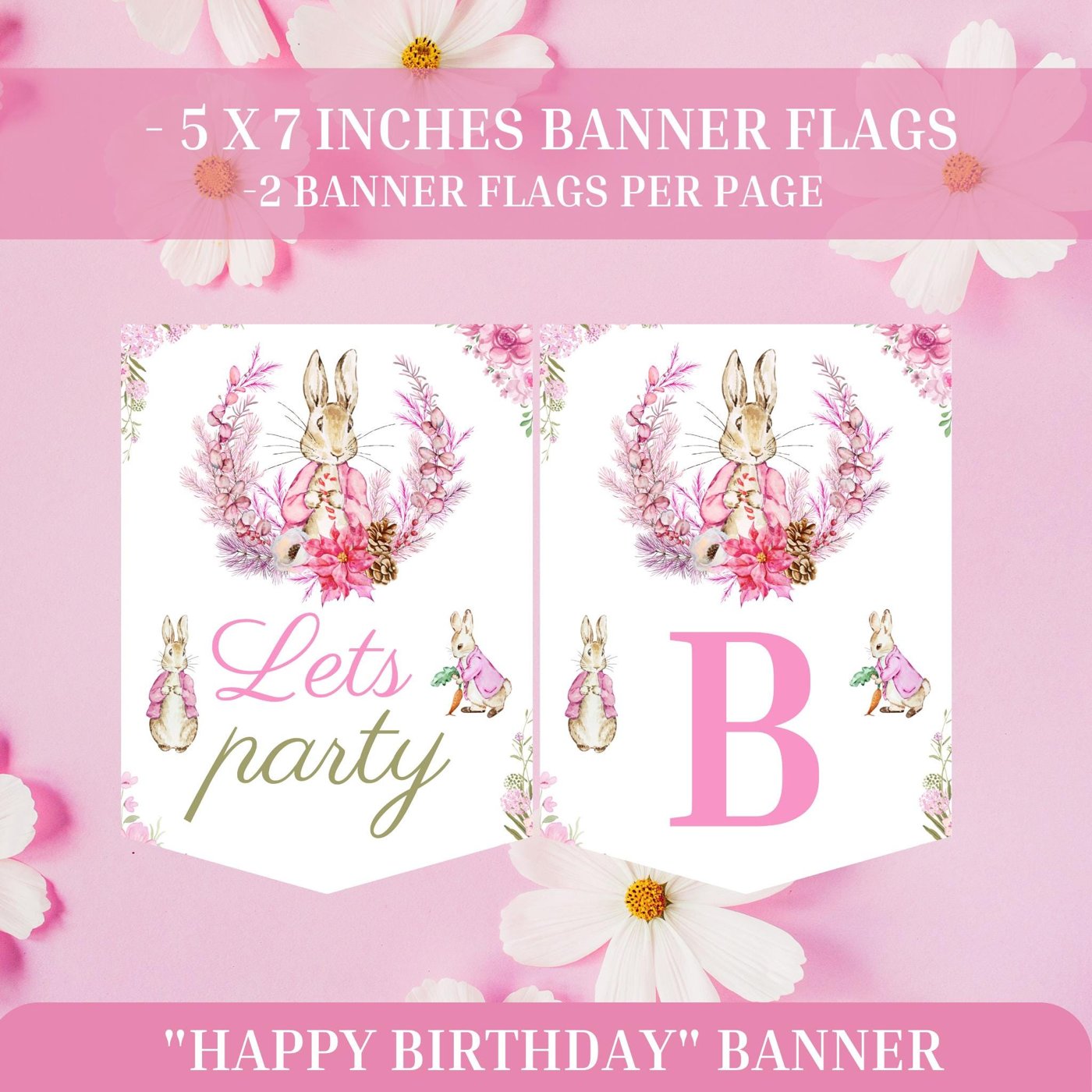 Editable Bunny Birthday Banner – Pink Floral Design, Pink theme girl birthday, Spring Rabbit Party for Girls, S0017