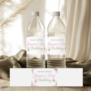 Editable Bunny Birthday Bottle label– Pink Floral Design, Pink theme girl birthday, Spring Rabbit Party for Girls, S0017