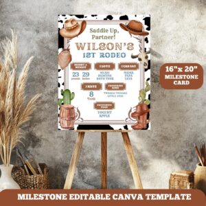 Editable Cowboy 1st Birthday Milestone sign– First Rodeo Party Set, Western Theme Template for Boy’s Milestone Celebrati