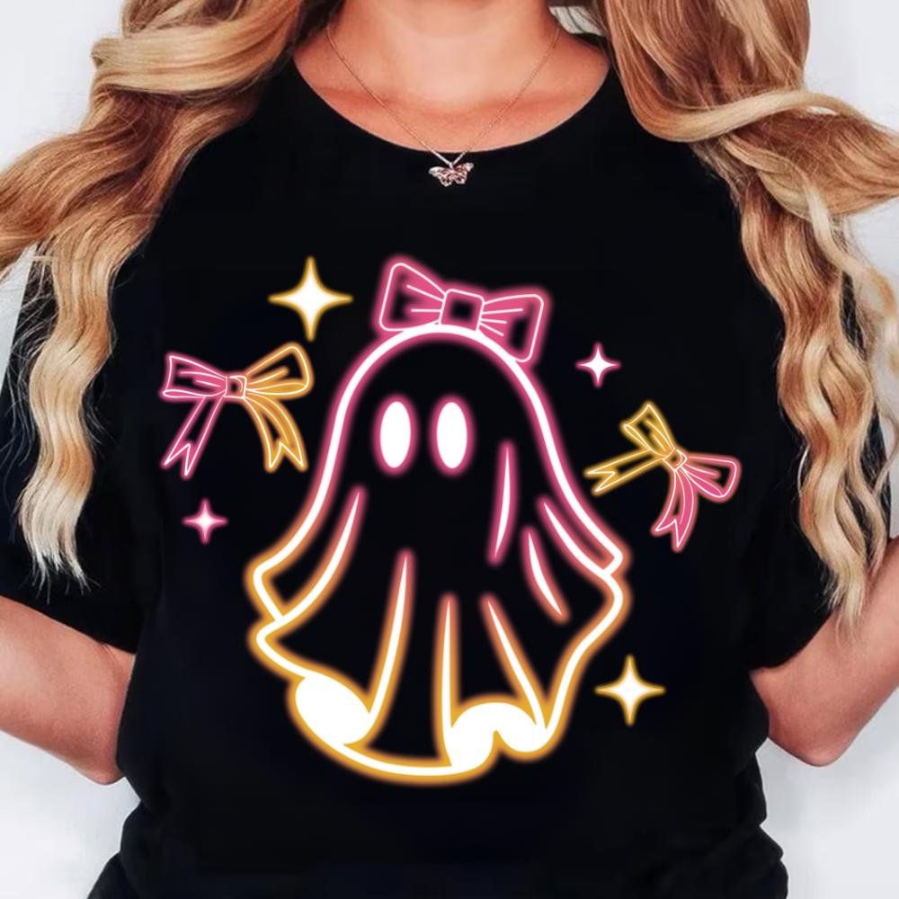 Cute Colorful Neon Boo Ghost Png, Halloween Boo Bow Png, Neon Halloween PNG, Boo Ghost Shirt Png, Cute Boo Halloween bow