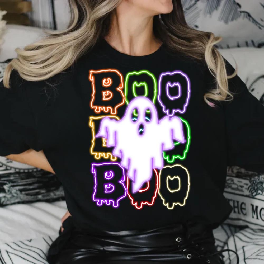 Cute colorful Neon Boo Ghost Png, Halloween Boo Bow Png, Neon Halloween PNG, Boo Ghost Shirt Png, Cute Boo Halloween bow