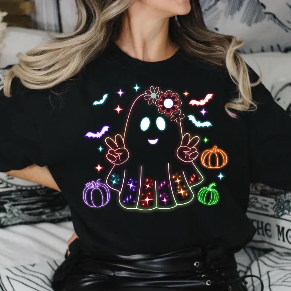 Cute colorful Neon Boo Ghost Png, Halloween Boo Bow Png, Neon Halloween PNG, Boo Ghost Shirt Png, Cute Boo Halloween bow