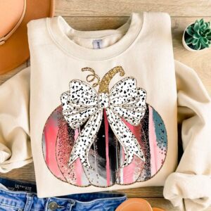 Colorful Coquette Gold Glitter Pumpkin Png, Fall Pumpkin Coquette Bow Png, Dalmatian Dots Bow Fall, brushstroke, Girly F
