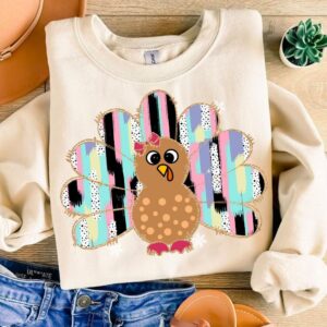 Colorful Coquette Turkey Png, Glitter Turkey Thanksgiving Png, Hand Drawn, brushstroke, Thankful Png, Dalmatian Dots Bow