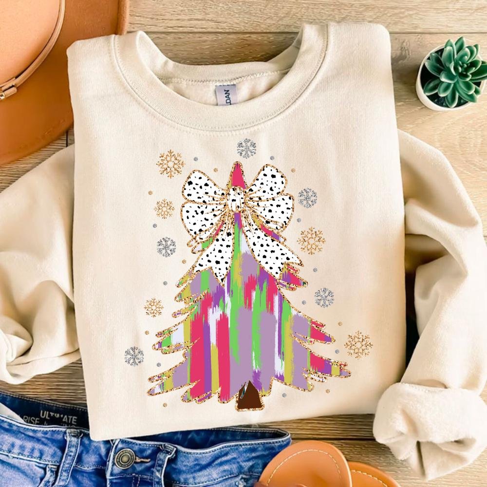Colorful Coquette Glitter Christmas Tree Png, Bright Color Christmas Coquette Bow Dalmantian Dots, brushstroke, Girly Ch