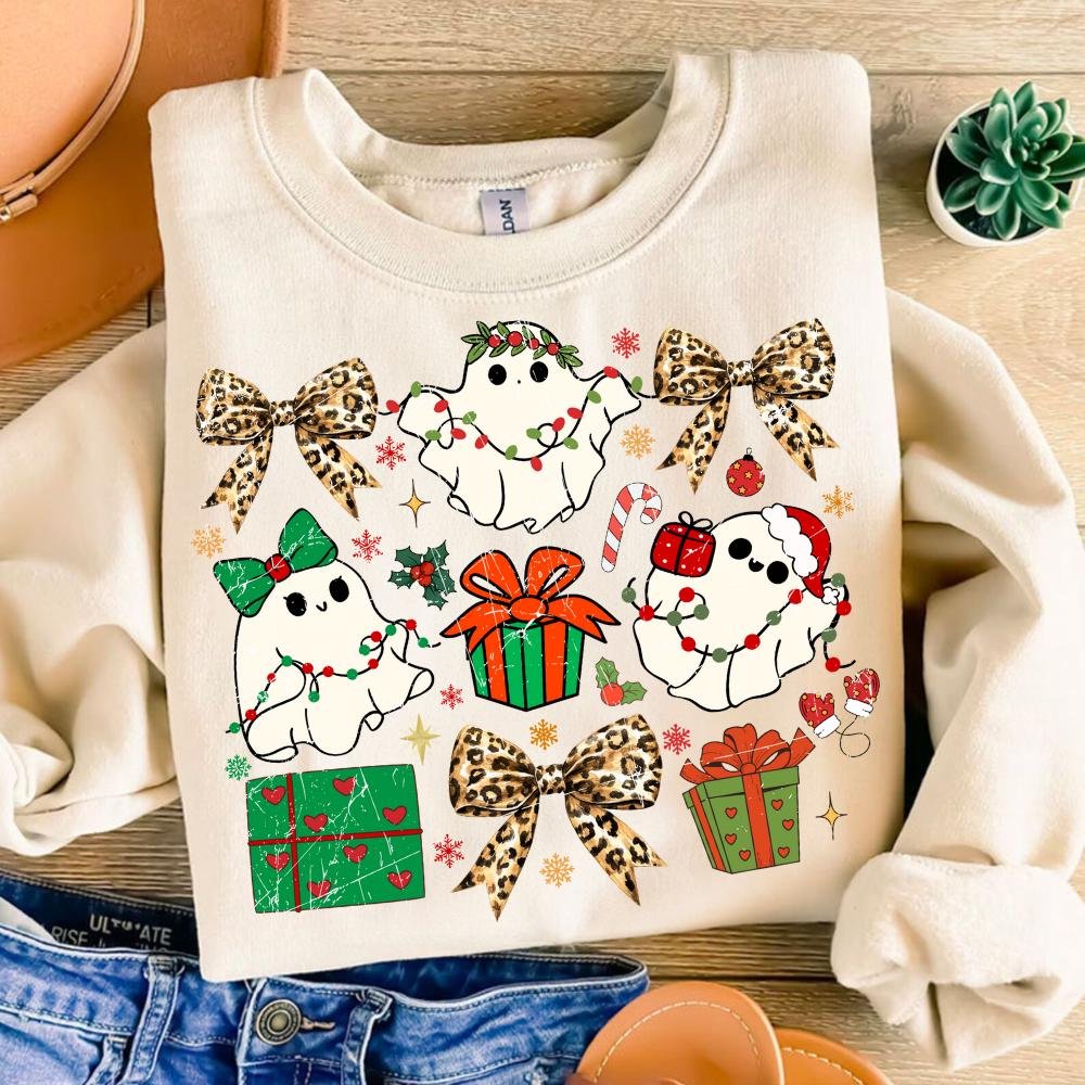 Coquette Christmas Ghost Png, Bougie Christmas Png, Leopard Print, Cute Christmas Ghost Png, Spooky Christmas Png, Girly