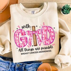 Jesus Pink Bow Cross Breast Cancer, With God All Things are Possible Png, Breast Cancer Png, Pink Ribbon Breast Cancer