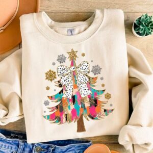 Colorful Coquette Glitter Christmas Tree Png, Coquette Bow Dalmantian Dots, brushstroke, Girly Christmas Tree Design, Br