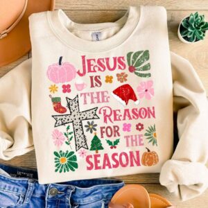 Jesus is the Reason for the Season Png, Boho Floral Christmas Png Jesus Chrristmas Cross Png, Dalmatian Dots, Christia