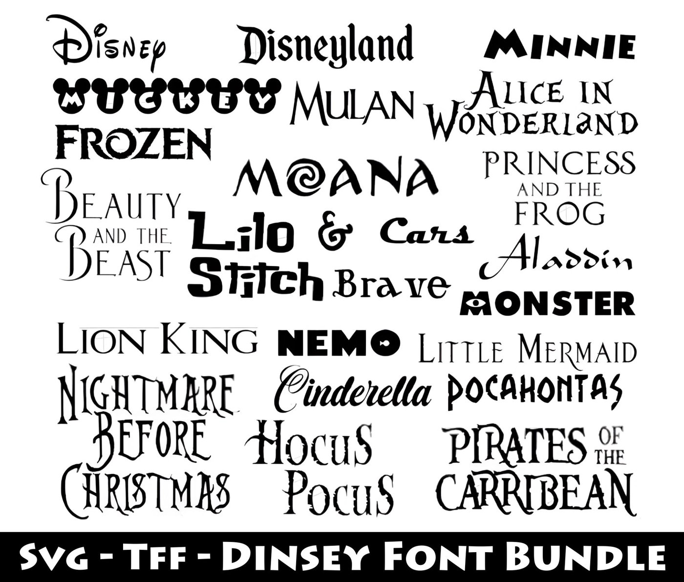 Dinsey Cartoon Font Bundle SVG TTF Cricut Cutting Mouse toy nightmare yellow bear Stich Cartoon Frozen Cars Fonts Downlo
