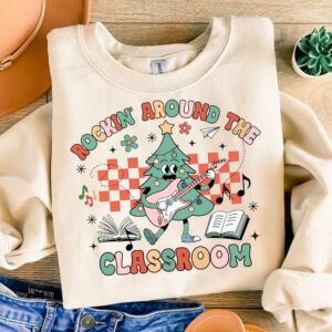 Retro Teacher Christmas Png, Rockin Around The Classroom, Merry Teacher Png,Gift for Teacher, Christmas Tree, Christmas