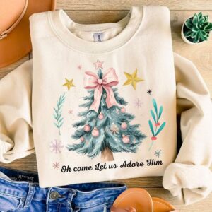 Oh Come Let Us Adore Him Png, Coquette Bow Christmas Tree Png, Watercolor Christian Christmas Png,Xmas Tree with Bow Png