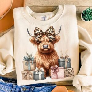 Christmas Highland Cow PNG DIGITAL DOWNLOAD long haired shaggy cow Heifer, highland cow leopard bow, christmas png
