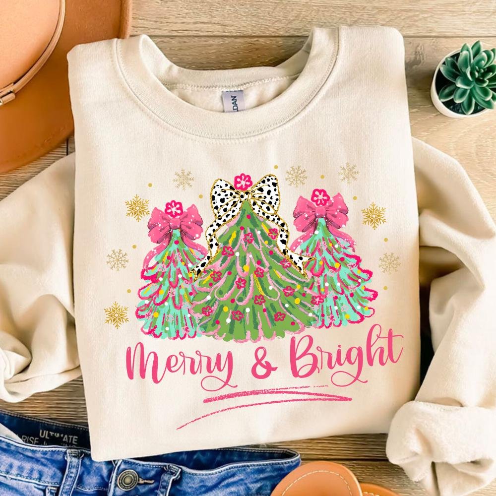 Merry and bright christmas tree coquette png, dalmatian dots, christmas png, watercolor floral png, Colorful brushstroke