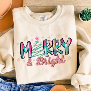 Glitter Pink Floral Merry and Bright Png, Christmas Png, Pink Christmas Png, Preppy Christmas Png, Girly Christmas Png,