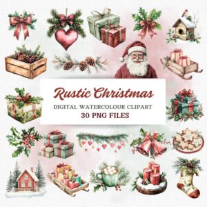 Rustic Christmas Clipart Bundle, Watercolor Christmas Ornaments Clipart, Boho Christmas Wreath, Christmas Tree Clip Art,