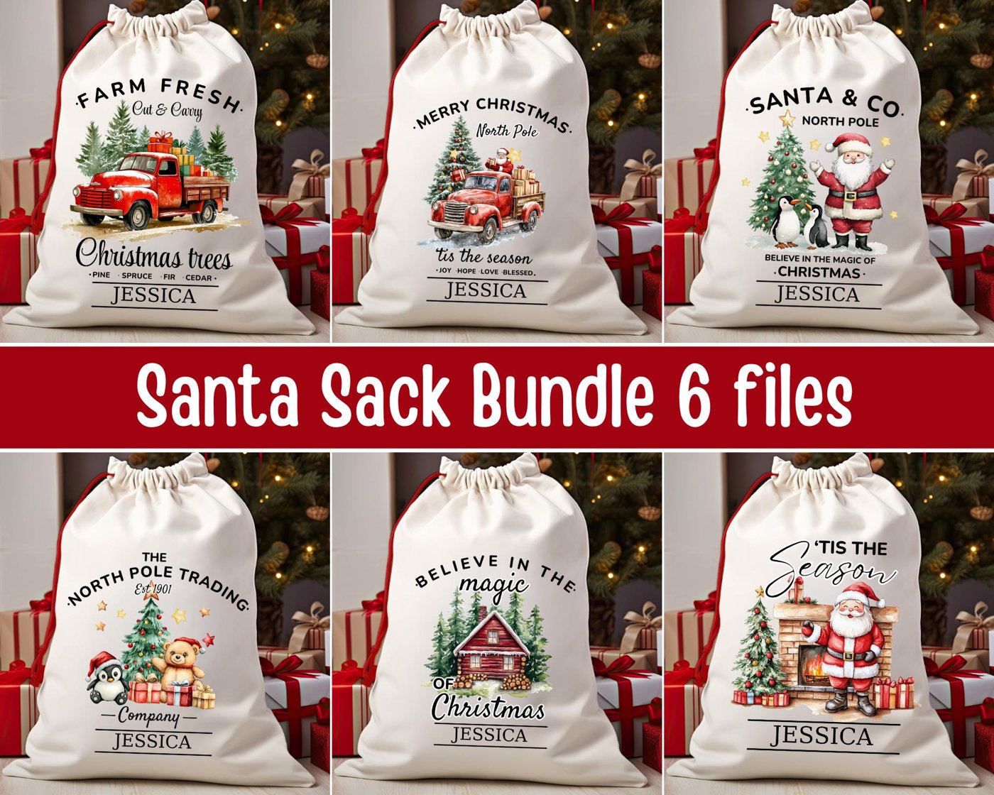 Santa Sack PNG Bundle, Watercolor Santa Sack PNG, Santa Sack Bundle PNG, Merry Christmas, Santa Claus png, Vintage Chris
