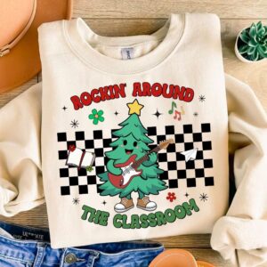 Retro Teacher Christmas Png, Rockin Around The Classroom, Merry Teacher Png,Gift for Teacher, Christmas Tree, Christmas