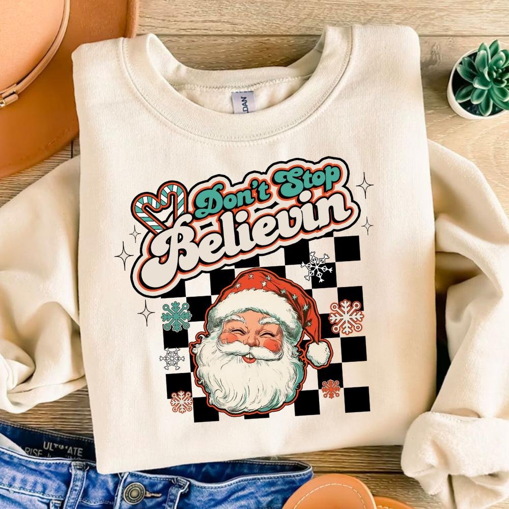 Don't Stop Believin PNG, Christmas Png, Santa png, Trendy Christmas Png, Groovy Christmas Sublimation Designs, Retro Chr