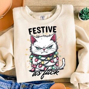 Feline Festive as Fuck - Cat with Christmas lights SVG PNG in Trendy Vintage design for Tees, Tote Bags etc, Wall art, S
