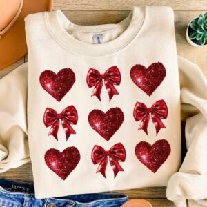 Valentine Red Glitter Hearts and Coquette Bows png, Valentine Coquette Png, Valentine's Day, Love Png, Sublimation Desig