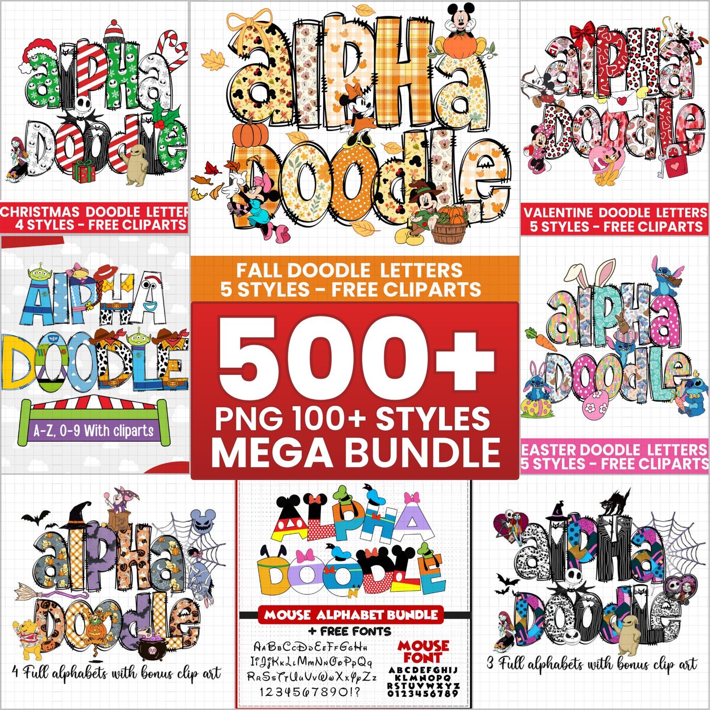 500+ Png Mega Alpha Doodle Bundle, Mikey Fall, Stich Halloween, nightmare, Preppy Alpha set, Christmas Doodle Letters, V