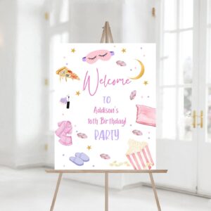 Editable Slumber Party Birthday Party Welcome Sign, Sleepover Birthday Invite Girl Pizza PJ Teen, Decor Sign Template 11