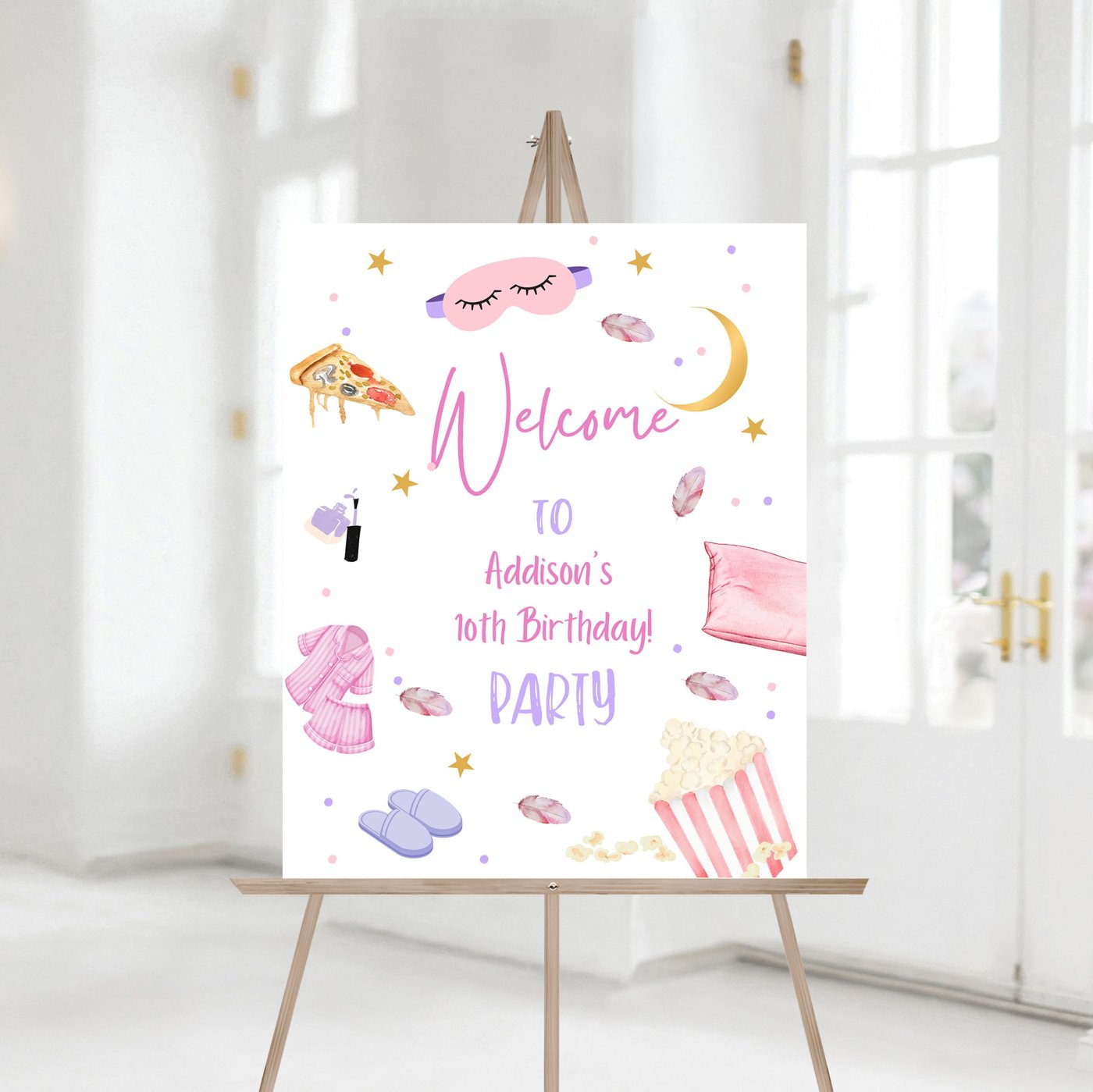 Editable Slumber Party Birthday Party Welcome Sign, Sleepover Birthday Invite Girl Pizza PJ Teen, Decor Sign Template 11