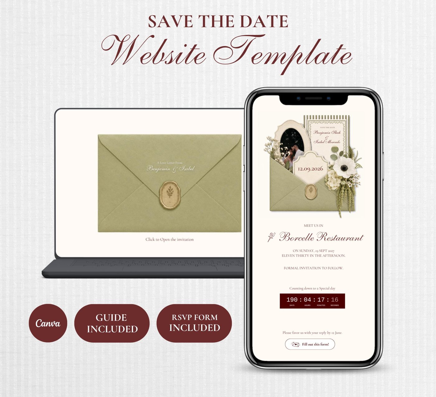 Save the Date Website Template | Elegant Olive Green | Digital Wedding Invitation with RSVP | Instant Download